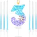 MTLEE Number 3 Birthday Candle Blue Snowflake with 6 Long Thin Cupcake Candles Blue Sparklers Glitter Number Happy Birthday Cake Topper Decorations for Winter Party Supplies