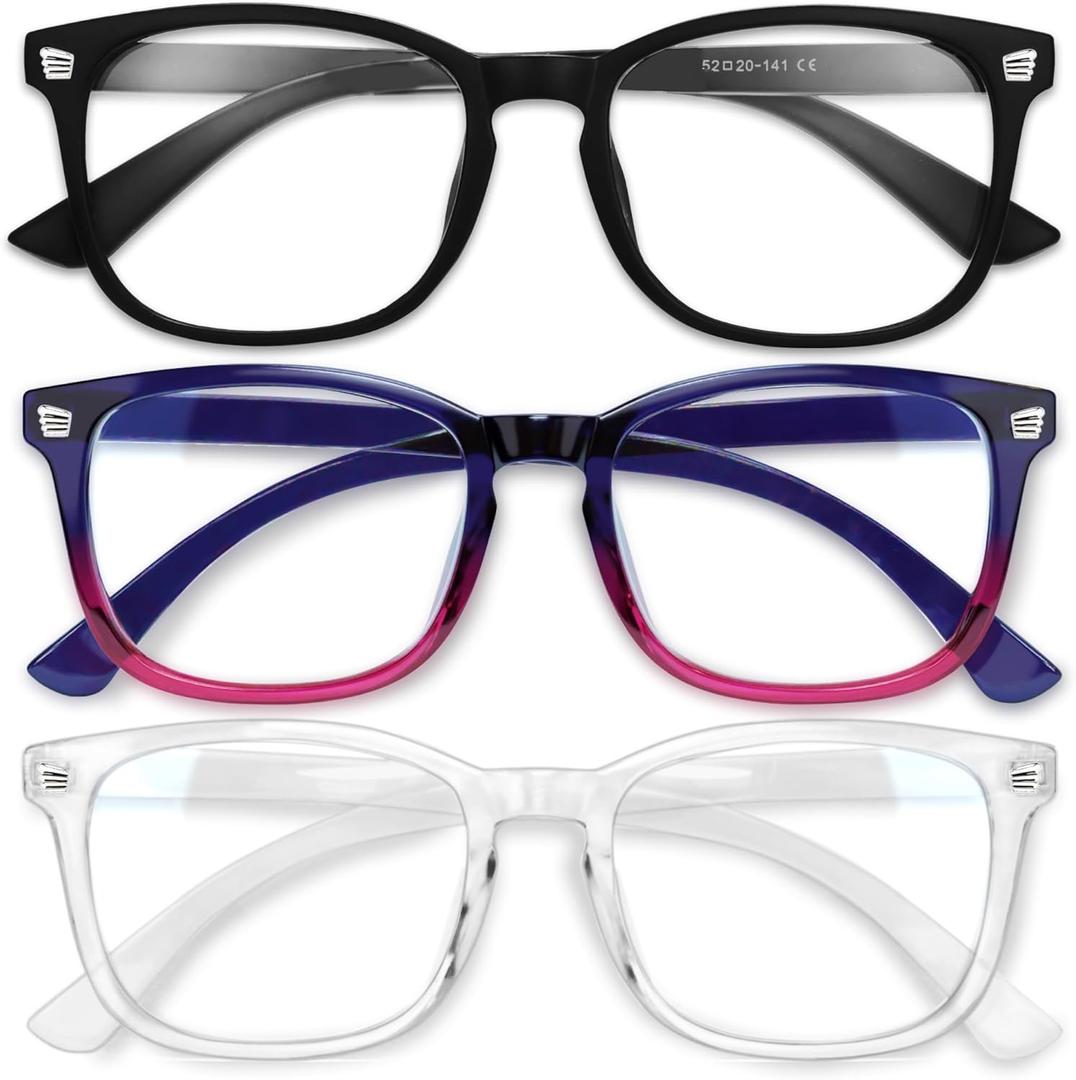 Gaoye Stylish Blue Light Glasses for Woman - Computer Glasses 99% Blue Light Blocking - Lightweight TR90 Frames - 3 pack (A8-matte Black+transparent+gradient Purple)