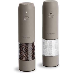 Electric Salt and Pepper Grinder Set, USB Rechargeable, Automatic Salt and Pepper Mill Grinder with Adjustable Coarseness, Electric Salt Shakers, LED Light, Refillable (2 Packs, Greige)