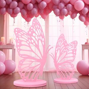 2 Pcs Large Wood Butterfly Prop Pink Butterfly Wings Cutout Wooden Standing Butterfly Backdrop Princess Butterfly Prop Decoration for Baby Shower Birthday Wedding Butterfly Party, 36 Inch + 20 Inch
