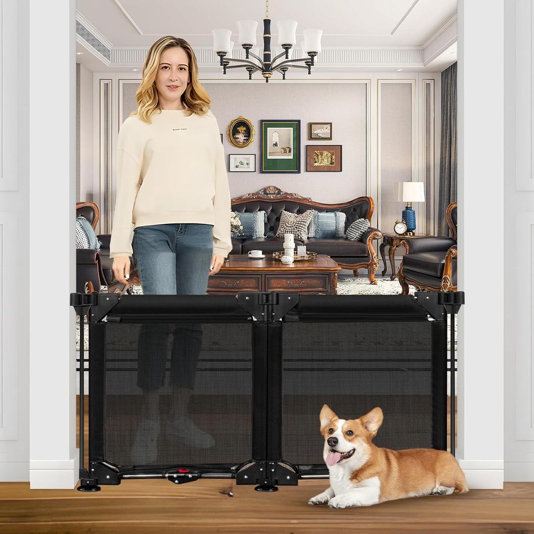 No Drilling Freestanding Baby Gates for Doorways 2 Panel 24" Tall x 40" Wide Free Standing Dog Gate with Strong Suction Cup Portable Step Over Puppy Gates for The House Foldable Pet Gate for Stairs (Black)