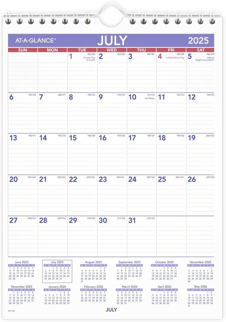 AT-A-GLANCE Wall Calendar 2025-2026 Academic, Monthly, 8" x 11", Small, Ruled Daily Blocks (AY128)