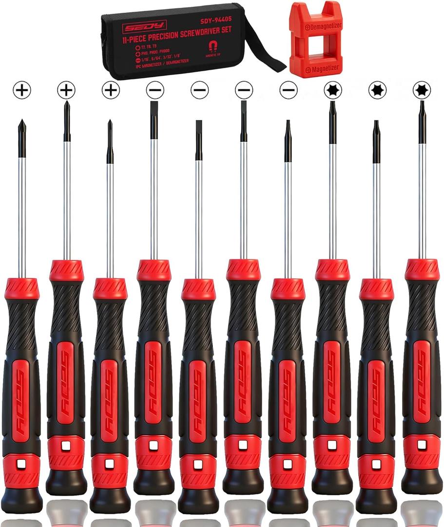 11-Piece Precision Screwdriver Set - Magnetic Mini Screwdrivers for Eyeglasses, Watches, Computers, Laptops, Phones - Phillips, Slotted, Torx, Non-Slip Handle, Portable Storage Bag Included