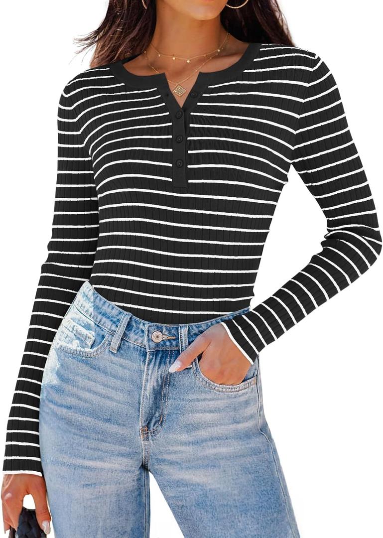ZESICA Womens Long Sleeve Striped Shirts V Neck Button Up Sweater Casual Loose Basic Tops Trendy Spring Clothes (Black, M)