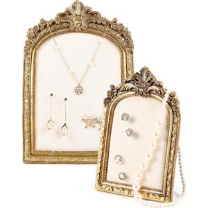 Wonderjune 2 Pcs Gold Jewelry Display Stand Vintage Necklace Organizer Ring Holder Earring Tray Resin Jewelry Photography Props Frame with Velvet Backing for Gifts(White,Large,Small,Elegant)