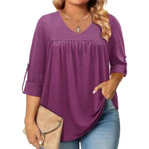 Siddhe Plus Size Women's 3/ 4 Sleeve Tops, Plus Size Purple Blouses for Women Shirts Dressy Casual Purple Business Casual Outfits Tunic Tops, Wine Red, XXL