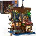 Funwhole Medieval-Pier-Inn Lighting Building Bricks Set - Retro Pirate House LED Light Construction Building Model Set 2143 Pcs for Adults and Teen