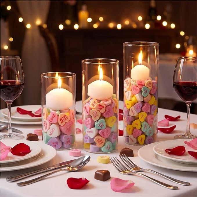 Ferrochef 266 Pcs Valentines Table Centerpieces Set 3 Glass Candle Holders 260 Conversation Heart 3 Floating Candles, Valentine's Day Tea Lights Votive Candle Holder Heart Filler for Party Home Decor