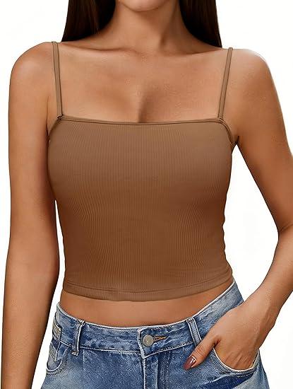 Ekouaer Womens Ribbed Spaghetti Strap Tank Top Crop Camisole Tops Going Out Basic Summer Cami 2026 (Large, Brown)