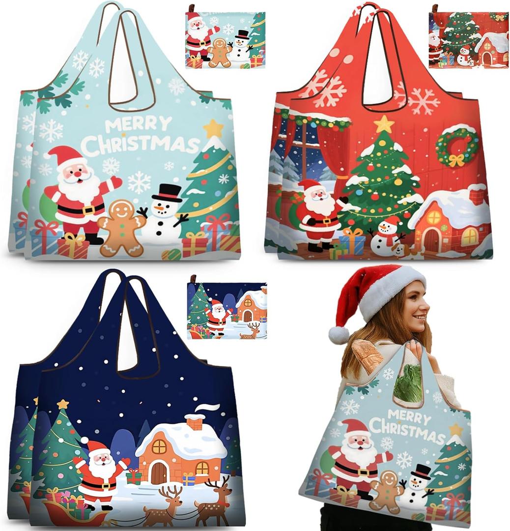 6 Pcs Extra Large Christmas Reusable Grocery Bags Jumbo Santa Tote Bags with Handles Foldable Shopping Storage Pouch Waterproof Oxford Cloth for Gift Holiday Party 19.69" x 15.75", 3 Style