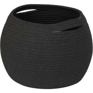 Black Woven Storage Basket, 11" x 9" Indoor Plant Basket for Decor, Decorative Small Cotton Rope Bin for Organizing Pet Toy, Gifts, Towel, Cloth, Socks, Wicker Planter Holder, Modern Shoe Bin