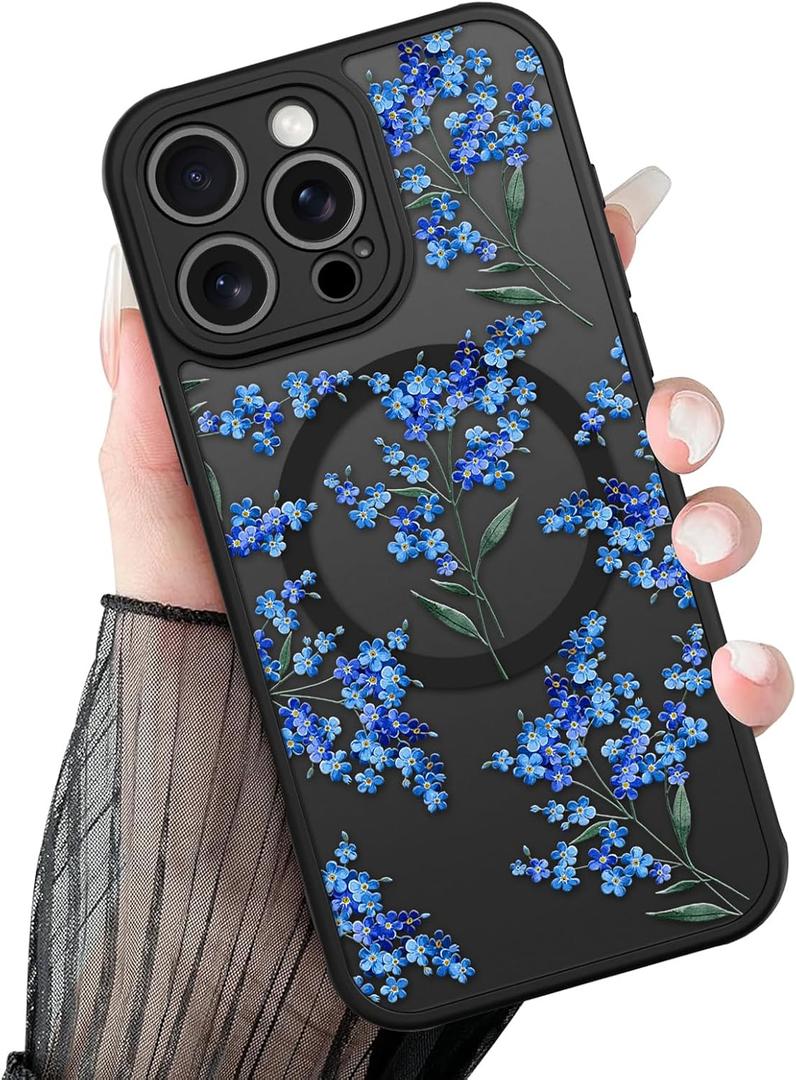 Magnetic for iPhone 16 Pro Max Case Blue Flowers | [Compatible with MagSafe] Cute Aesthetic Summer Blue Flowers Design for Women Girls Translucent Shockproof Cover