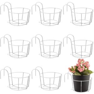 8 Pcs Round Hanging Railing Planters Metal Flower Pot Holders Iron Rack Fence Railing Planters Outdoor Balcony Hanging Flower Stand Shelf Container for Indoor Outdoor Garden (White,6.3 Inch)