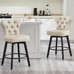 Counter Height Barstools 26 inch Upholstered Button Tufted Swivel Bar Stools with Back and Wood Legs for Kitchen Island,Set of 2,Beige-Nailhead Trim