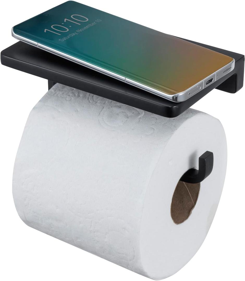 MyGift Toilet Paper Roll Holder in Matte Black Stainless Steel Finish, Minimalist Commercial Grade Toilet Tissue Dispenser with Storage Display Top Shelf, Modern Hotel Series