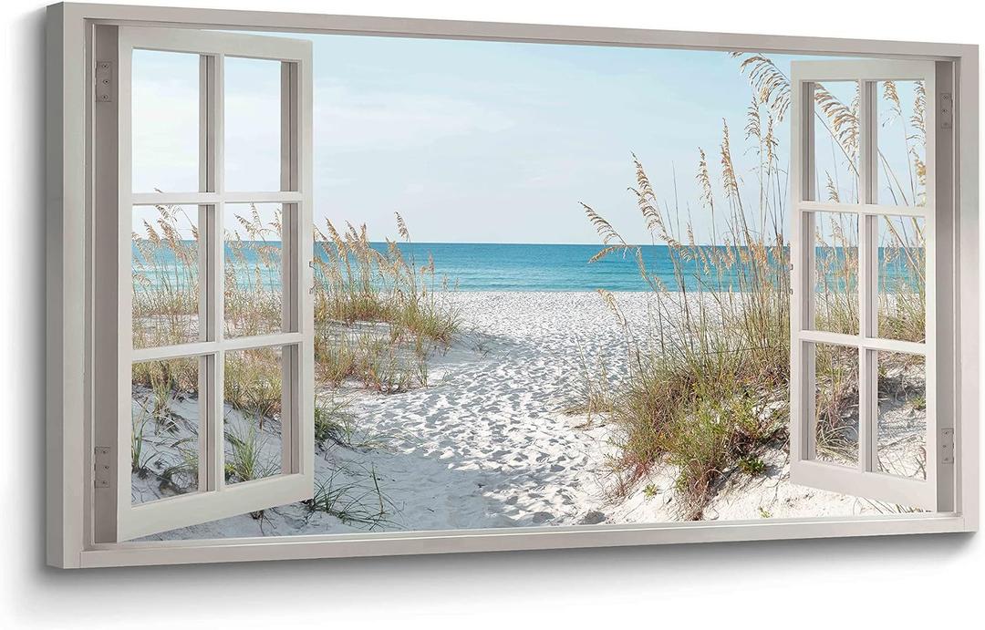 Beach Window Wall Art Canvas: Relaxing Bedroom Living Room Blue Ocean Coastal Scene Picture Modern Tropical Sea Landscape Painting Print Decor Horizontal Summer Seascape Artwork for Home, 40"L x 20"W