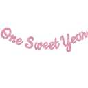 BEISHIDA Pink Glitter Sweet 1 Year Banner(Pre-Strung), First Birthday Anniversary Party Decorations Supplies for Boys Girls, Sweet Bunting Sign,1st Bday Baby Shower Hanging banner