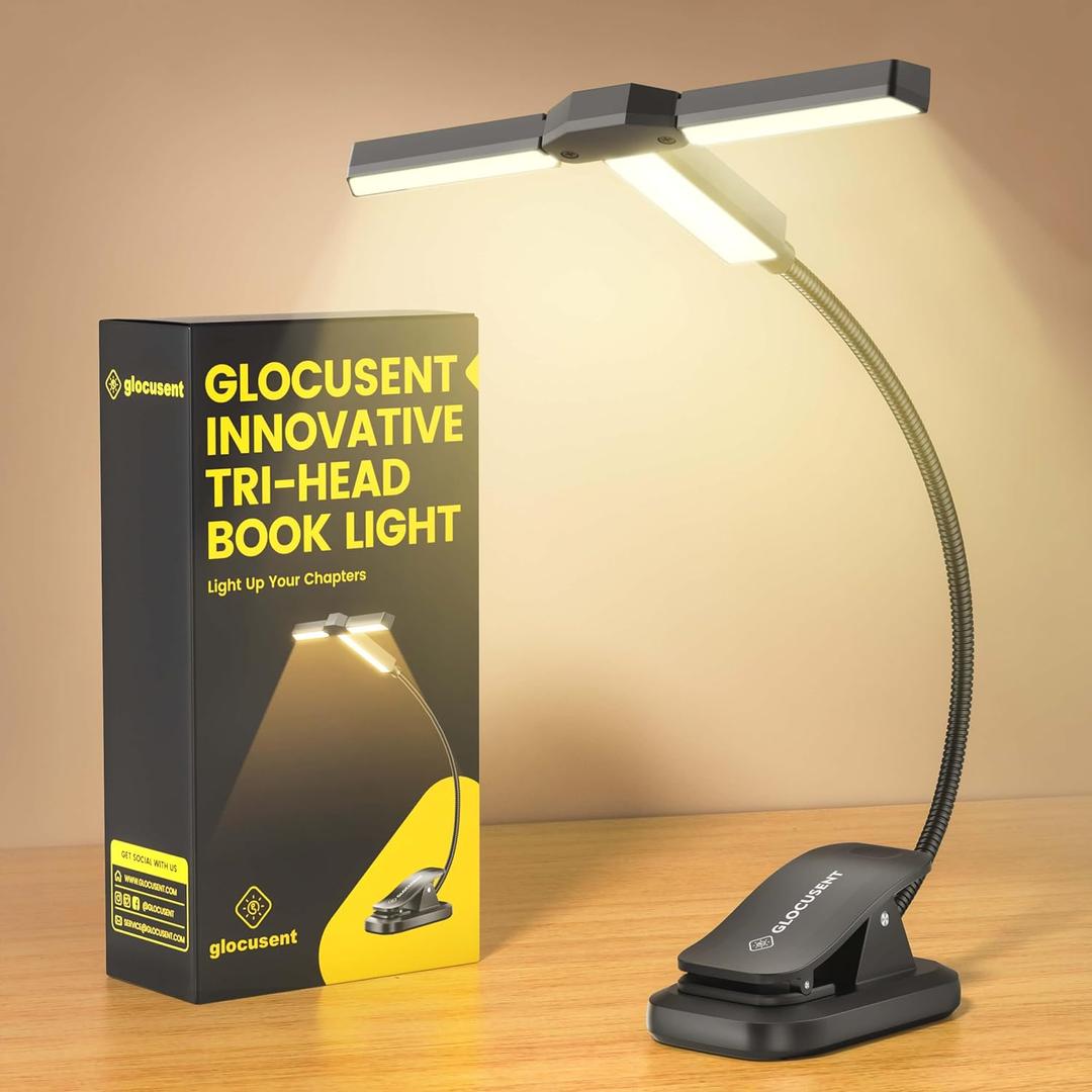 Glocusent Innovative Tri-Head Book Light for Reading in Bed, 3 Colors & 5 Brightness Levels, 1000mAh Rechargeable Reading Light with 30-Min Timer, 10-100Hrs, Partner Friendly, Perfect for Book Lovers (Black)