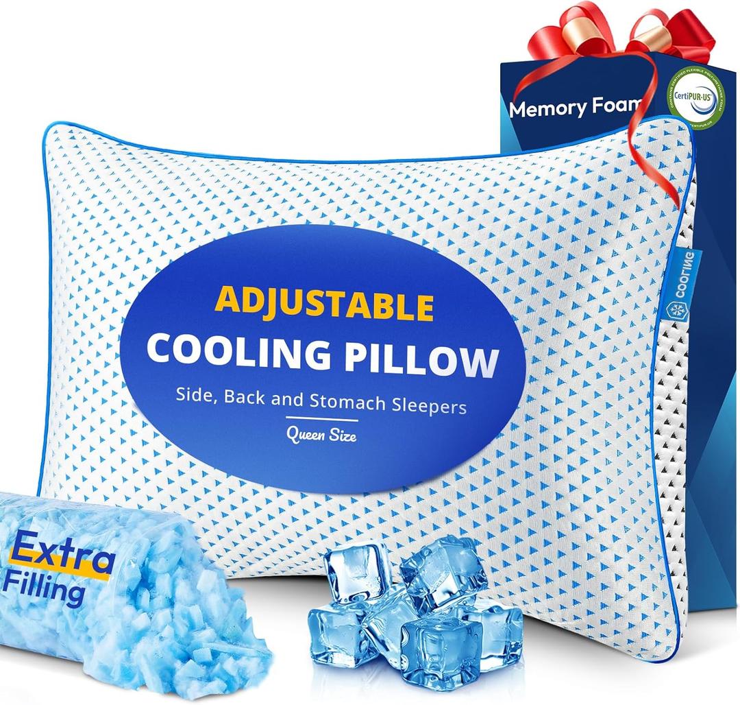 Cooling Gel Memory Foam Pillow Queen Size for Sleeping 1 Pack, Thick Adjustable Firm Shredded Foam Bed Pillows for Side, Back, Stomach Sleepers, Soft Yet Support, CertiPUR-US Bamboo Rayon College Dorm (White)