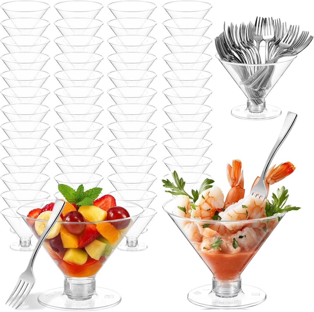 100 Pack Plastic Martini Glasses Disposable with Mini Silver Forks, 50 Pcs Forks and 50 Pcs 5oz Shrimp Cocktail Cups, Clear Disposable Cocktail Glasses for Wedding, Desserts and Appetizers (Clear)