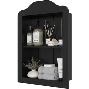 CJL 14‘’ x 18‘’ Recessed Medicine Cabinet, Solid Wood in-Wall Bathroom Cabinet, Victorian Wall Niche Shelf, 2-Tier, Black