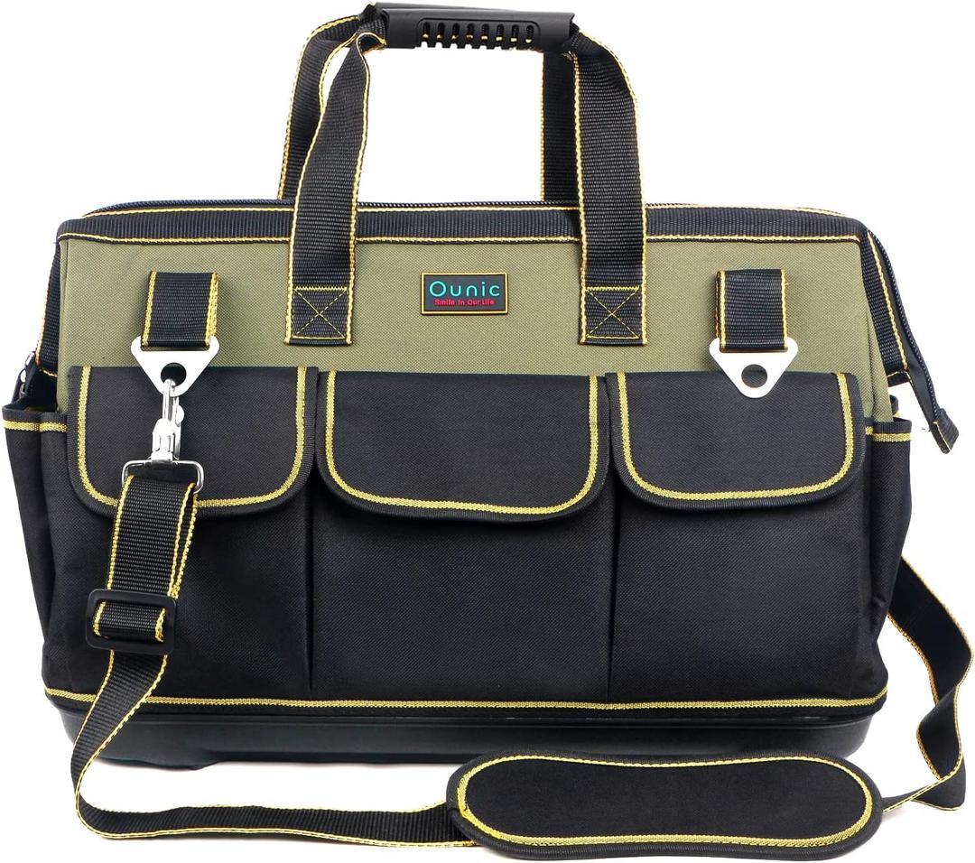 Tool Bag, Ounic 20 Inch Large Tool Bag Heavy Duty With Waterproof Molded Base, Wide Mouth Tool Tote Bag Tool Box Organizer with Adjustable Shoulder Strap for Him Men Husband Mechanic Engineer(Green)