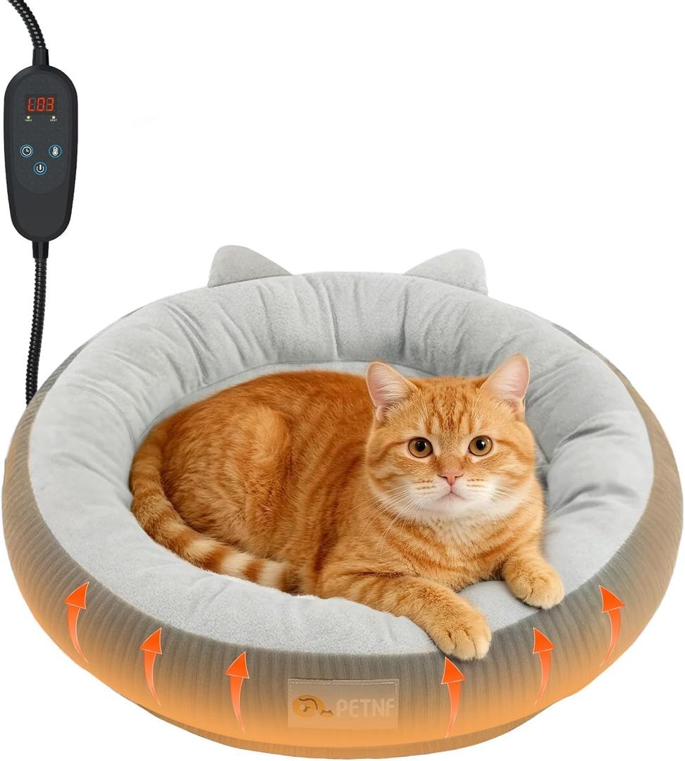 Heated Cat Bed Indoor Pets  Adjustable Temperature 86-131 Cat Heating Pad with Timer, Chew Resistant 87 Inch Cord, Washable Cover, Round Cozy Donut Pet Bed for Small Cats Kittens Dogs