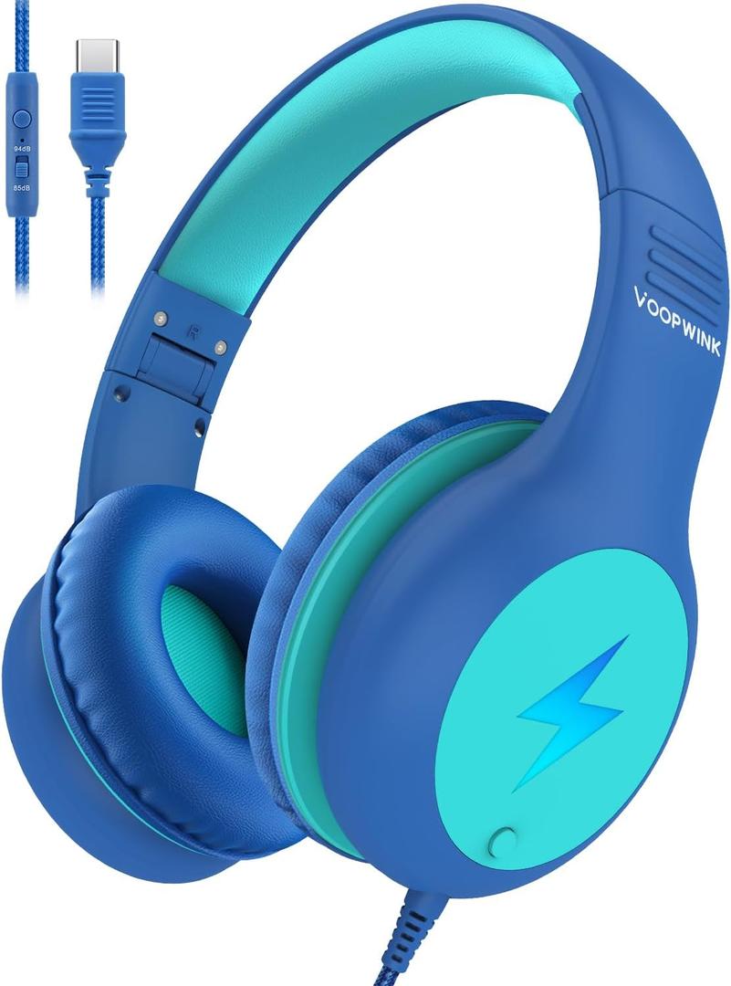 Kids Headphones Wired with Microphone, USB Type C Headphones for Kids Girls Boys with Cord/LED Lights/85/94dB Volume Limit, Portable Over Ear Headphones for School/Travel/Tablet/iPad (Blue)