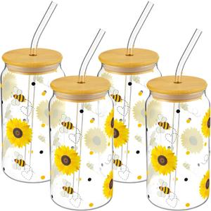 4 Sets Bee Glass Cups for Bee Lover 16 oz Clear Honey Sunflower Glass Cups with Bamboo Lids and Straws Cute Birthday Cup Gifts for Women, Mom, Friends, Bestie, Sister, Coworker