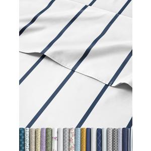 Striped Sheets - Navy Blue & White Striped Sheets - 1 Flat & 1 Fitted & 2 Pillowcases w/ Deep Pockets  Wrinkle & Fade Free - Soft, Breathable & Cooling  Luxury Pinstripe Bedding - Full Size Bed Set
