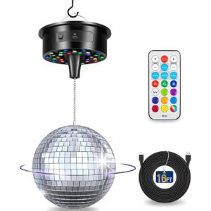 Disco Ball with Motor and 6 Inch Mirror Ball, Rotating 0/3/6/9/12/15 RPM Variable Speed,12 Lighting Colors and 4 Light Modes, 16 FT USB Power Cable and Remote Control, for Party Wedding Christmas