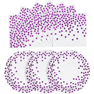 Purple and White Gold Paper Plates and Napkins 200Pack-100 x 7" Dessert plates & 100 x 6.5'' Napkins,Purple Paper Plates for Appetizers,Cakes and Salads,for Birthdays,Graduation,Carnival (Modern-200PCS)
