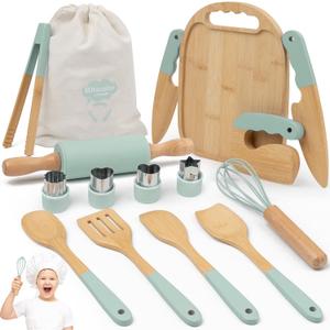 Wooden Kids Cooking Set Montessori Kit - Real Toddler Kitchen Tools & Baking Utensils - 13 PCS Cooking Kit for Kids with Storage Bag, Great Gift for Pretend Play & Montessori Learning (Green)