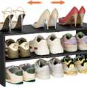 Black Shoe Rack Organizer for Closet, 2-Tier Expandable Shoe Shelf, Stackable Iron Wood Combination Small Shoe Racks Shelves for Closets, Entryway,Small Space,Hallway,Garage,6-12 Pairs