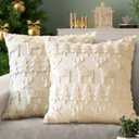 Christmas Pillow Covers, Set of 2 Soft Plush Short Wool Velvet Throw Pillow Covers, Christmas Decorative Square Luxury Cushion Case Pillow Shell for Sofa Bedroom Cream Beige 18x18 Inch