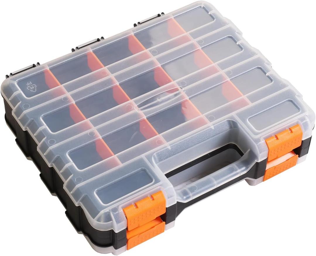 Torin AG322B Double Sided Tool and Hardware Storage Box: Portable Small Parts Organizer with Removable Plastic Dividers for Tools, Small Items and Jewelry, Black/Orange