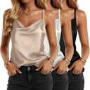 Xaatren 3 Pack Women's Silk Satin Camisole Cowl Neck Tank Tops Adjustable Spaghetti Strap Sleeveless Blouses Summer 2026 (Size S, Black, White, Champagne)
