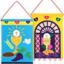 Oudain 2 Sets 12 x 18 Inch First Communion Banner Kit for Boys Girls Catholic Christian Religious Crafts Felt Banner DIY Pew Decoration Holy Communion Gifts for Church Sunday School Crafts Art Decor