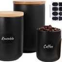 Kitchen Canisters Set with Airtight Bamboo Lid, Ceramic Canister Set of 3, Coffee, Flour, Tea Containers for Countertop, Food Storage Containers with Sugar, Black