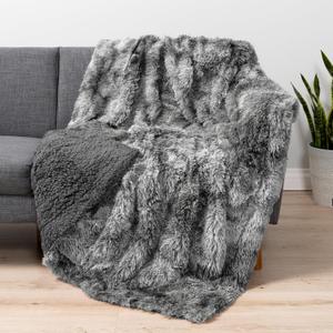 Faux Fur Throw Reversible Blanket Dark Grey Fuzzy Soft Thick Bubble Cover for Sofa Bed
