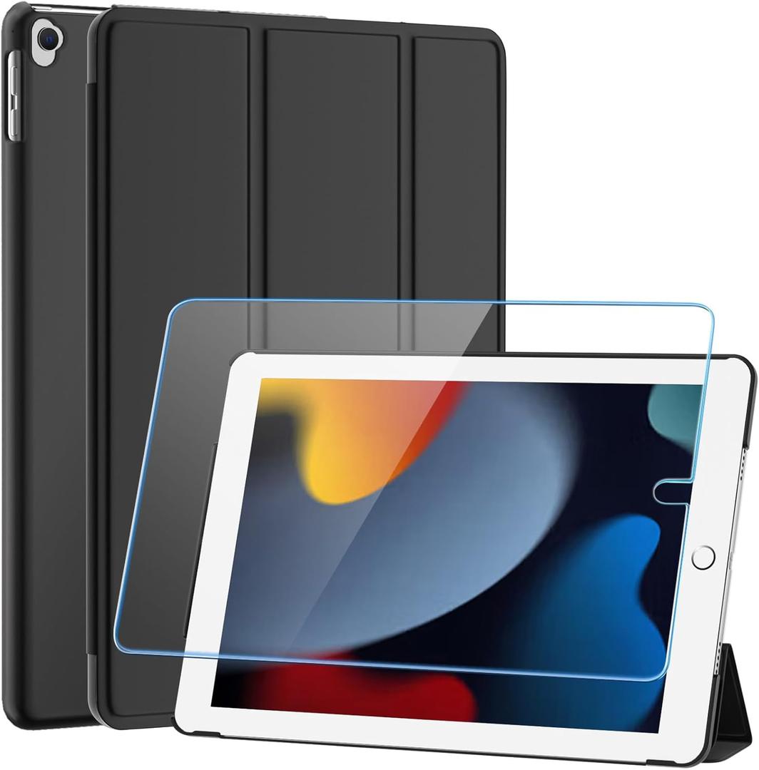 SUPFINE for 10.2 Inch iPad 9th Generation Case 2021, with [ Glass Screen Protector ]/ iPad 8th/7th Generation Case 2020/2019, Slim Stand Translucent Back Shell Cover, Black