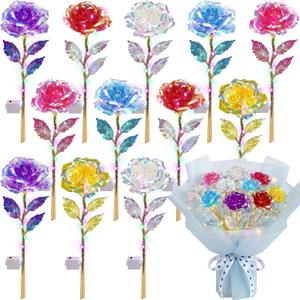 Lyrow 12 Pcs Galaxy Rose LED Light up Rose Flower Gifts Crystal Artificial Rainbow Flower for Mom Her Lover Girlfriend Mother's Day Wedding Birthday Gift, 9.84 Inches (Multicolor)