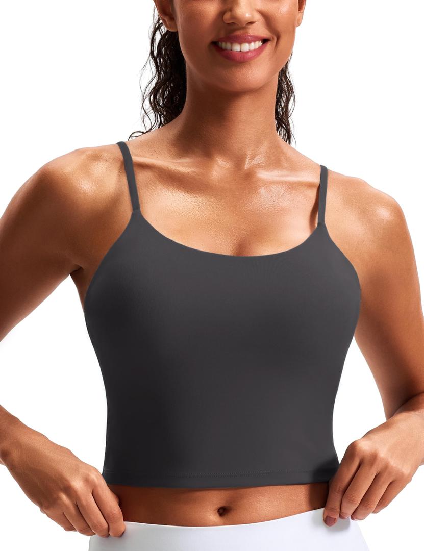 Longline Sports Bras for Women Workout Tops Padded Yoga Athletic Crop Tank Top with Built in Bra Spaghetti Straps Grey (S)