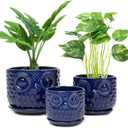 Ceramic Flower Pots, Ceramic Planters with Drainage Hole and Saucer, Modern Round Indoor Succulent Planters with Owl Design, Small to Medium-Sized, Set of 3, Navy Blue