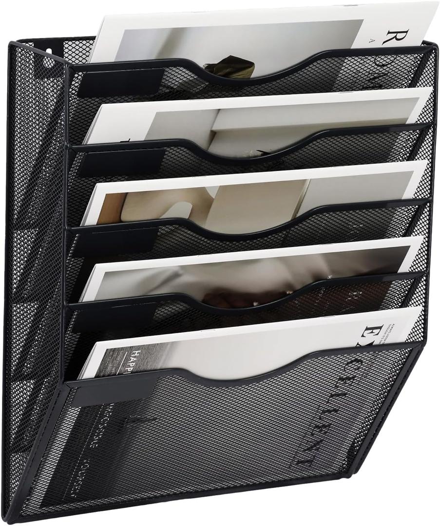 EASEPRES 5 Pocket Mesh Hanging Wall File Organizer, Wall Mounted Mail Paper Document Folder Holder, Clipboard Storage Organization Magazine Rack with Nametag Label for Office Home School, Black