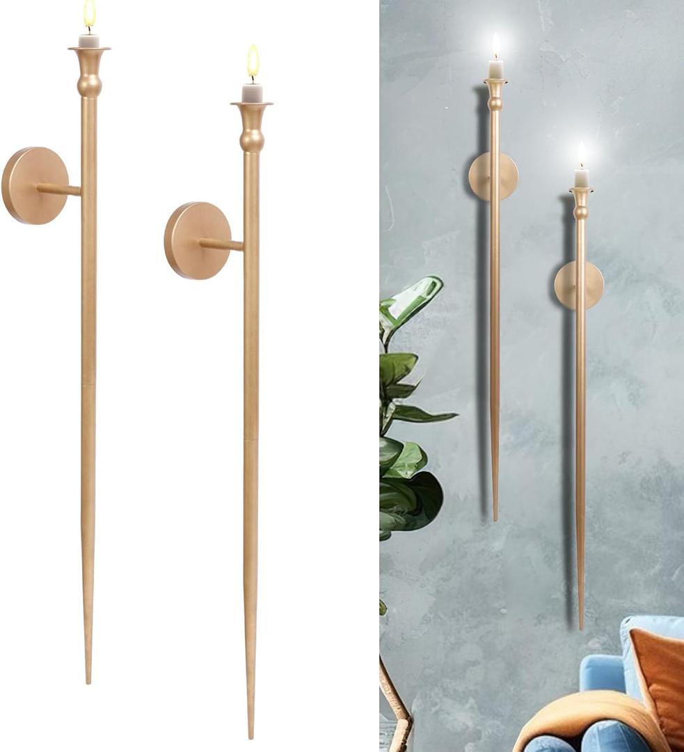Candle Sconces Long Wall Candle Holder - 33" H Set of 2 Gold Long Wall Candle Sconce Retro Chic Wall Sconces Candle Holder Decoration for Dining Room, Living Room, Office, Bathroom
