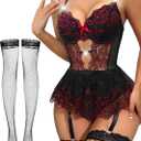 Lilosy Sexy Stocking Rhinestones Heart Garter Underwire Floral Mesh lace Sheer Babydoll Lingerie Teddy Bodysuit Skirt Set (3X-Large, Black Red)