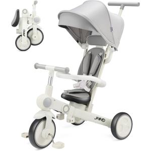 JMMD Baby Tricycle, 7-in-1 Multifunctional Kids Trike with Adjustable Parent Handle, Safety Harness & Wheel Brakes, Removable Canopy, Stroll Trike for Boys & Girls Ages 18 Months-5 Years, Gray, Medium
