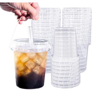 Qsqwsuye Set of 60 Large Plastic Cups with Lids and Straws 34oz Disposable Coffee Cups Clear Cups for Drinks Packs and Takebacks