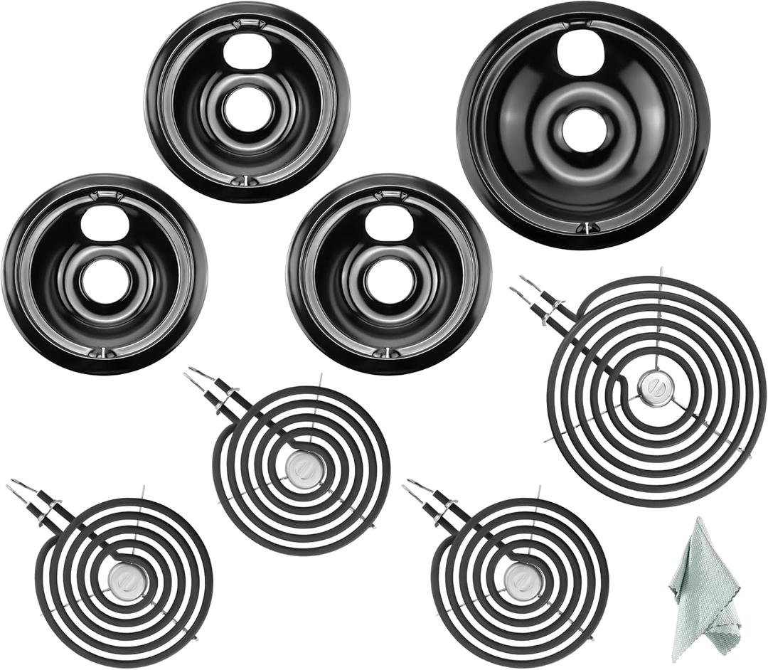 AMI PARTS 3 (6) WB31M20 & 1 (8) WB31M19 Black Porcelain Burner Drip Pans and 3 (6) WB30M1 & 1 (8) WM30M2 Electric Stove Burners Replacement Fit for G-E Hot-point Ken-more Electric Stove Burner